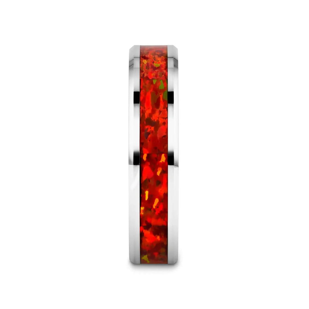 NEBULA Tungsten Wedding Band with Beveled Edges and Red Opal Inlay - 4mm - 8mm