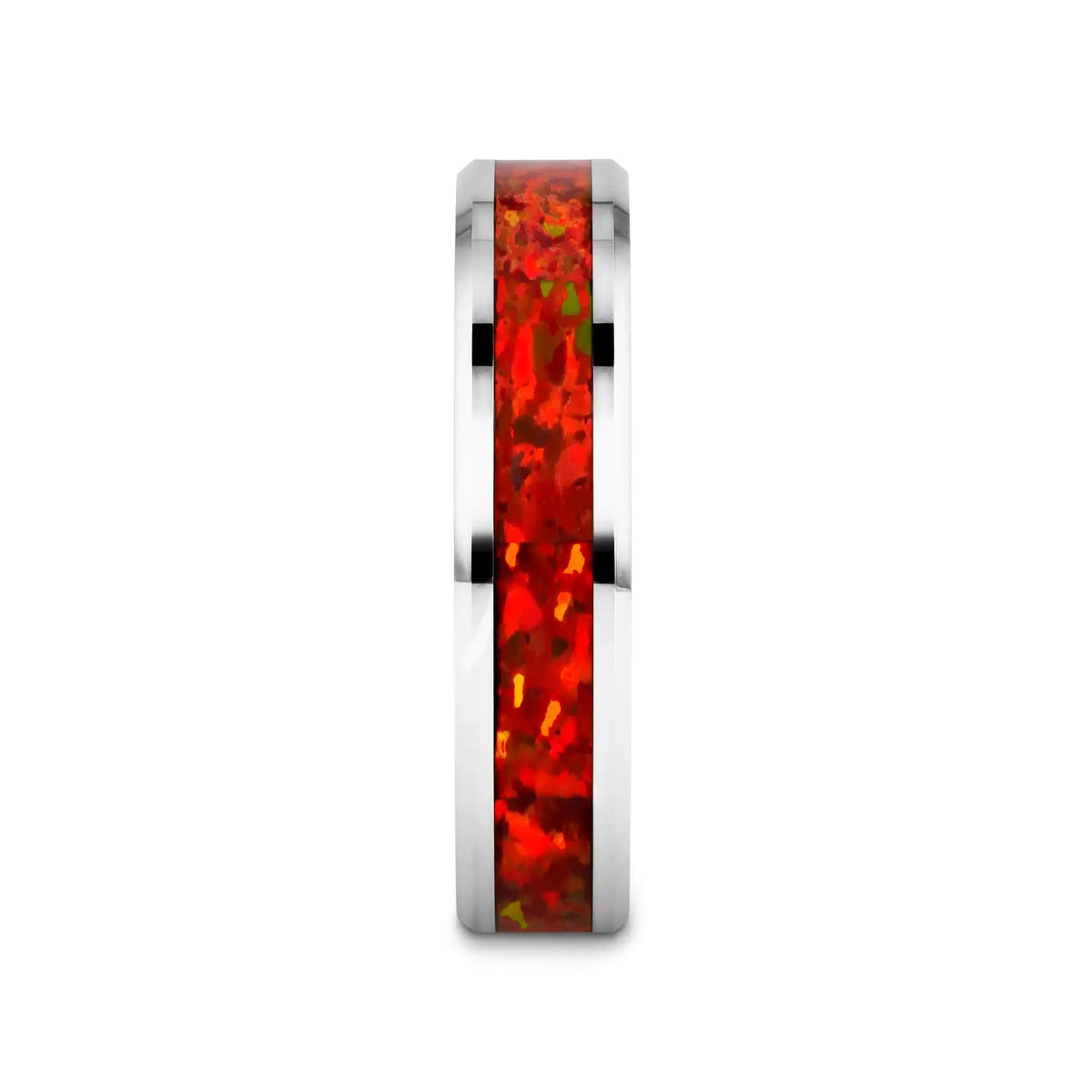 NEBULA Tungsten Wedding Band with Beveled Edges and Red Opal Inlay - 4mm - 8mm