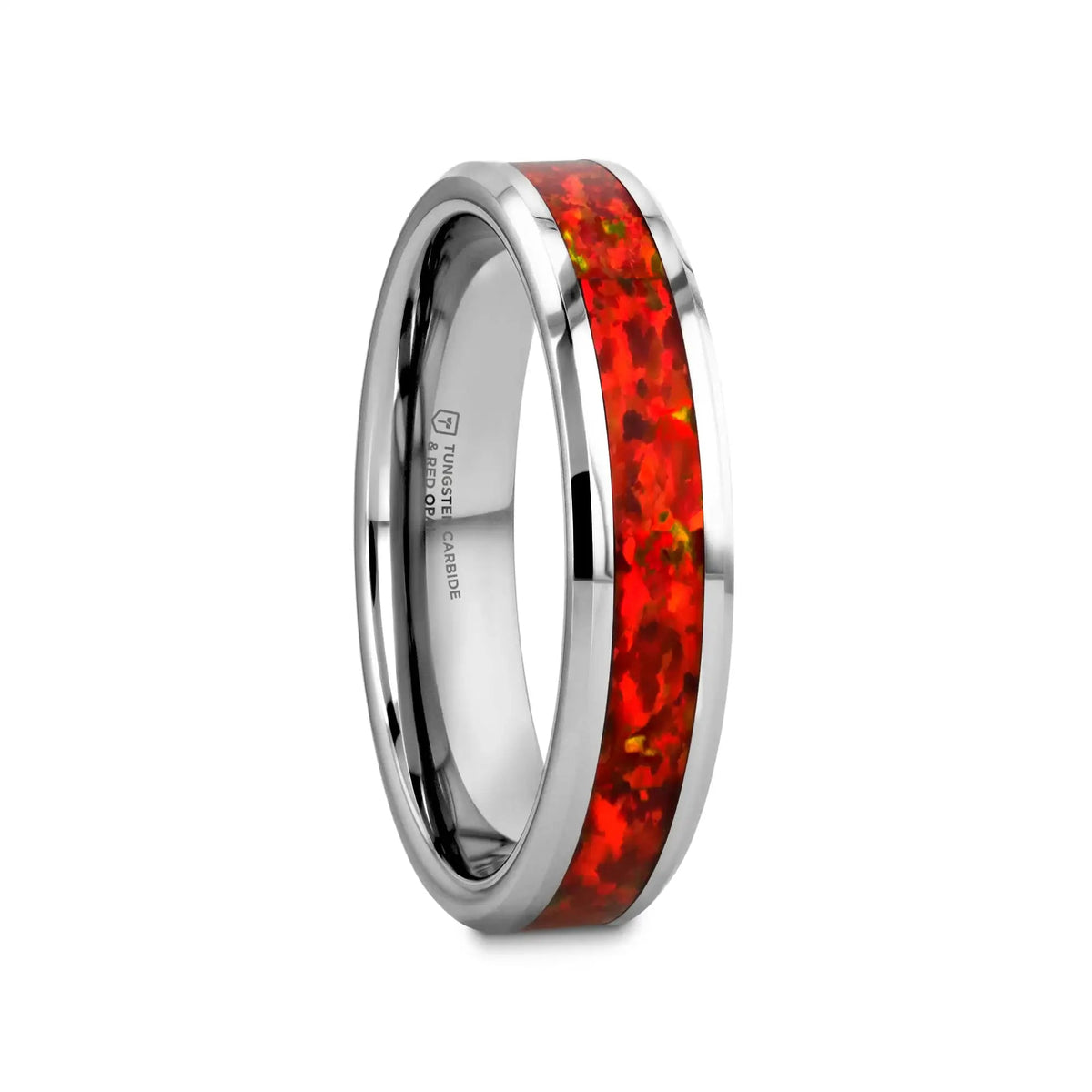 NEBULA Tungsten Wedding Band with Beveled Edges and Red Opal Inlay - 4mm - 8mm