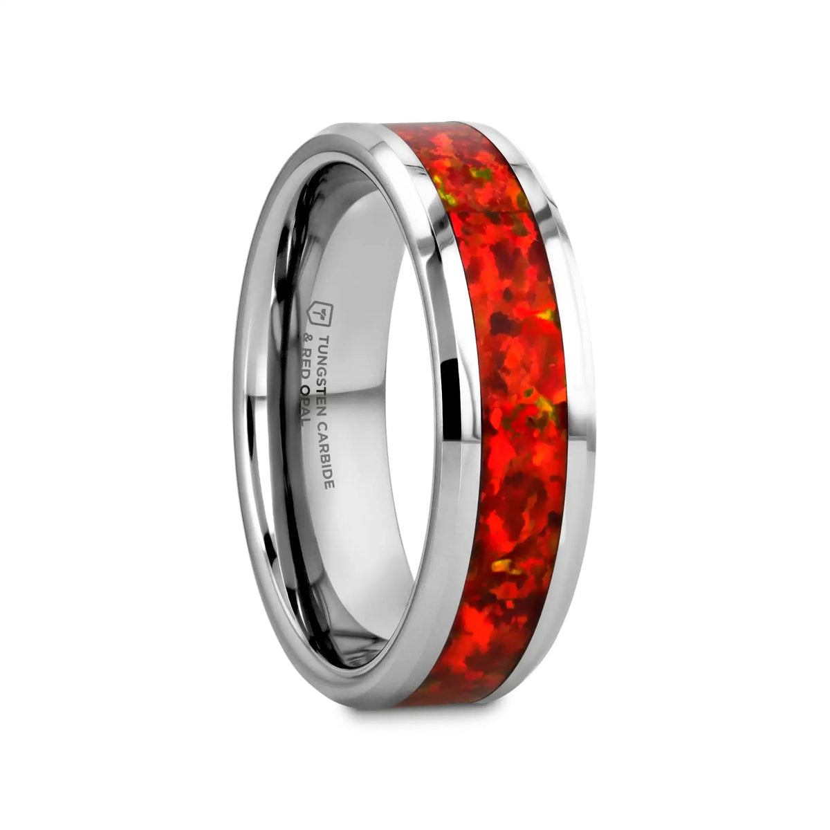 NEBULA Tungsten Wedding Band with Beveled Edges and Red Opal Inlay - 4mm - 8mm