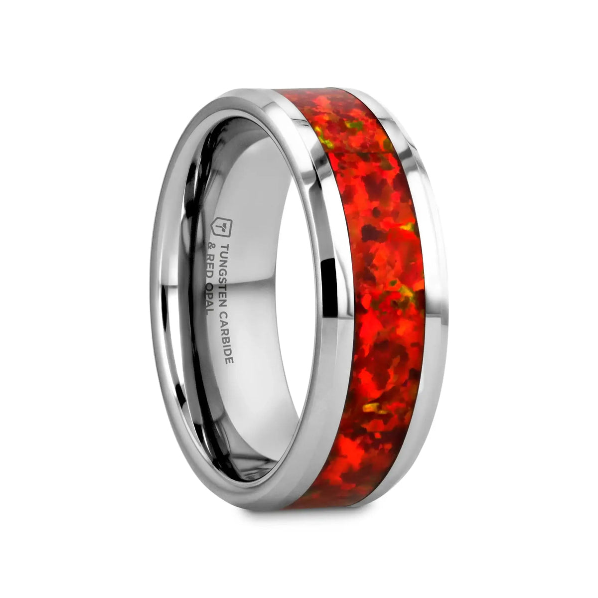 NEBULA Tungsten Wedding Band with Beveled Edges and Red Opal Inlay - 4mm - 8mm