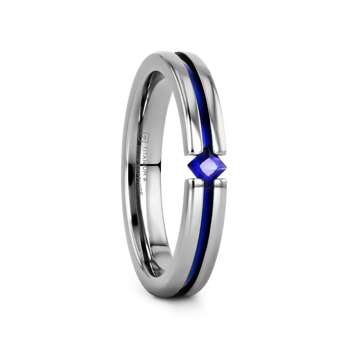 NYMERIA Tension Set Blue Sapphire Titanium Band with Blue Stripe - 4mm