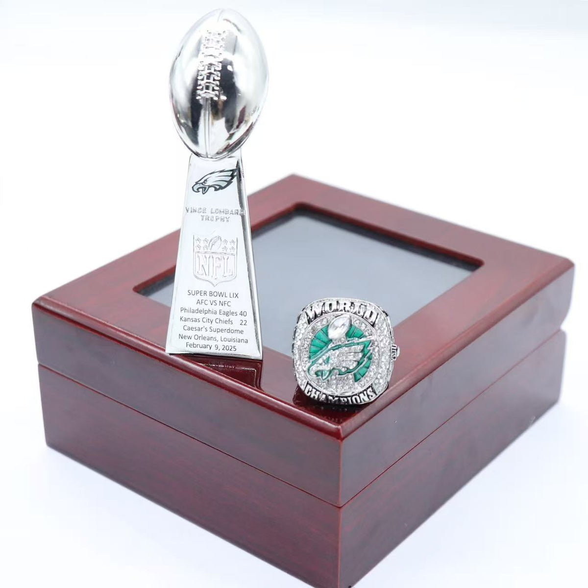 Philadelphia Eagles 2025 Championship Ring & Trophy Replica Set — Hurts (#1) or Barkley (#26) Edition