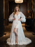 Luxury White Feather Trim Lace Long Robe Dress Set | Bridal Getting Ready & Photoshoot Gown
