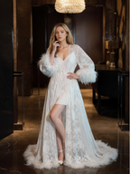 Luxury White Feather Trim Lace Long Robe Dress Set | Bridal Getting Ready & Photoshoot Gown