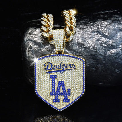 Los Angeles Dodgers Baseball Shield Pendant Necklace – Iced Out 24 Inches Cuban Chain