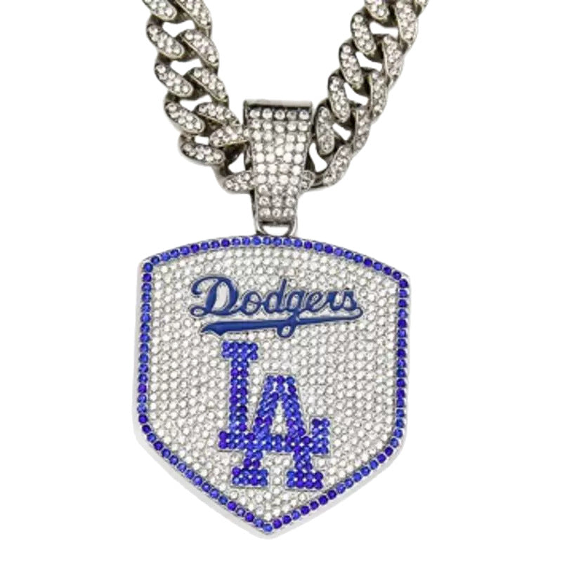 Los Angeles Dodgers Baseball Shield Pendant Necklace – Iced Out 24 Inches Cuban Chain