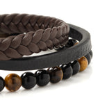 Stainless Steel Stacked Brown Leather Bracelet with Tigers Eye