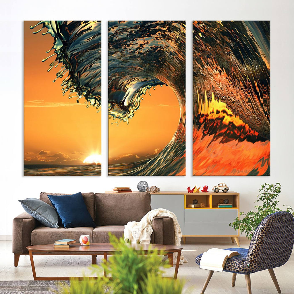 Ocean Wave With Perfect Sunset Canvas Wall Art Print | Nautical Sea Waves Art