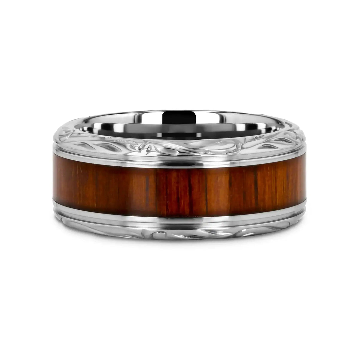 OHANA Koa Wood Inlaid Titanium Men’s Wedding Ring with Intricate Edges - 6mm - 10mm