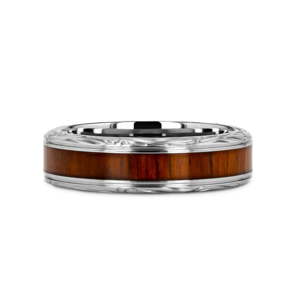 OHANA Koa Wood Inlaid Titanium Men’s Wedding Ring with Intricate Edges - 6mm - 10mm