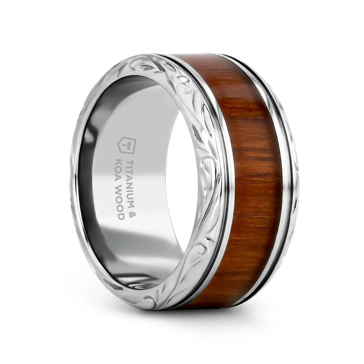 OHANA Koa Wood Inlaid Titanium Men’s Wedding Ring with Intricate Edges - 6mm - 10mm