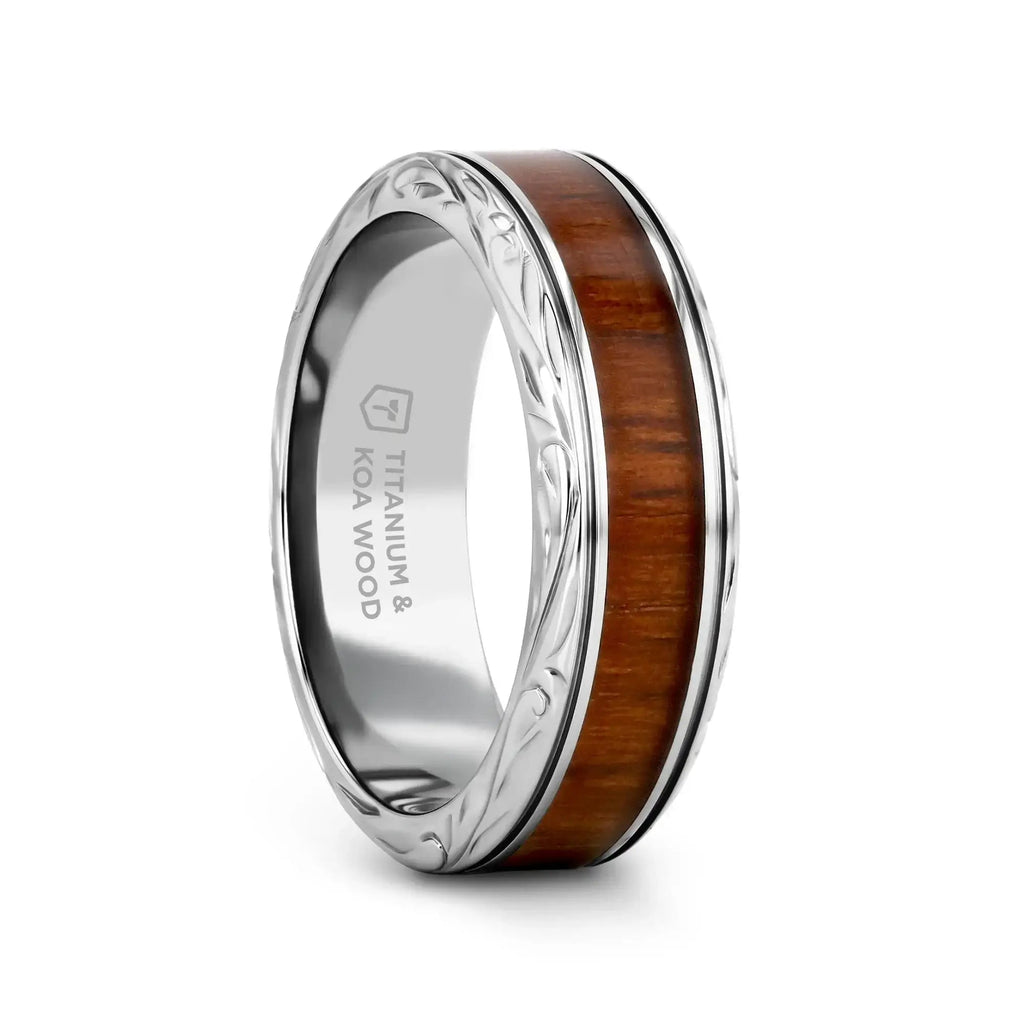 OHANA Koa Wood Inlaid Titanium Men’s Wedding Ring with Intricate Edges - 6mm - 10mm