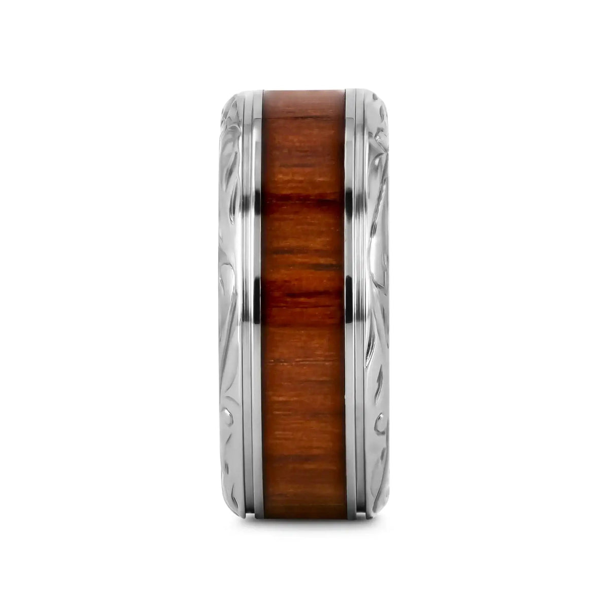 OHANA Koa Wood Inlaid Titanium Men’s Wedding Ring with Intricate Edges - 6mm - 10mm