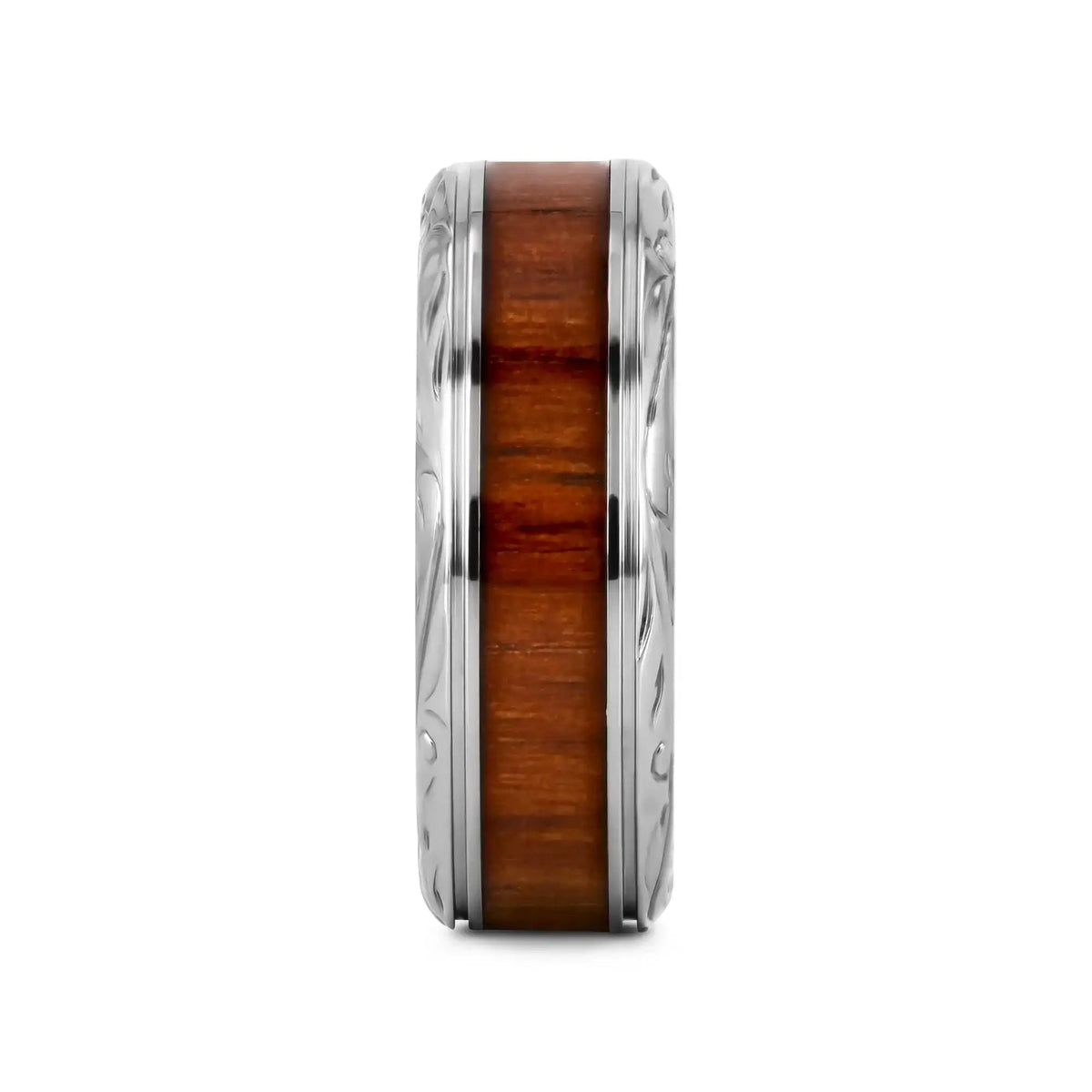 OHANA Koa Wood Inlaid Titanium Men’s Wedding Ring with Intricate Edges - 6mm - 10mm