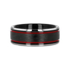 OLIS Wire Finish Black Tungsten Men’s Wedding Band with Double Red Stripes, Polished Beveled Edges – 8mm