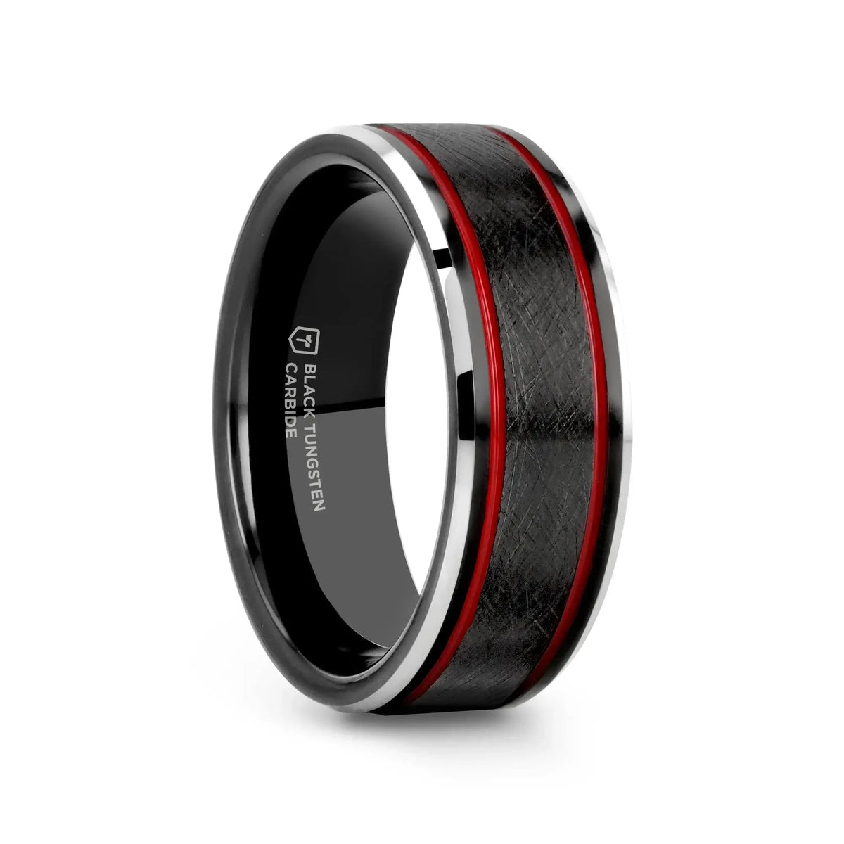 OLIS Wire Finish Black Tungsten Men’s Wedding Band with Double Red Stripes, Polished Beveled Edges – 8mm