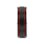 OLIS Wire Finish Black Tungsten Men’s Wedding Band with Double Red Stripes, Polished Beveled Edges – 8mm