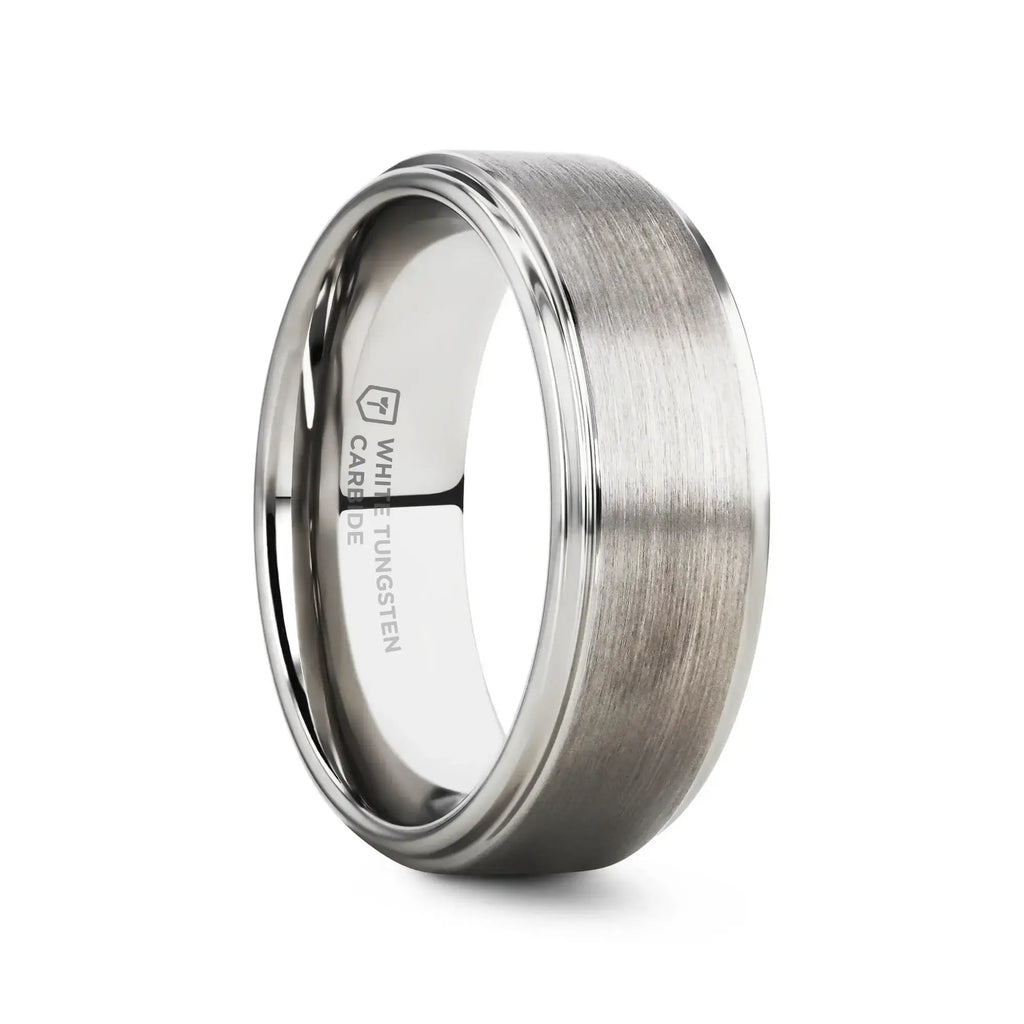 ORLOFF White Tungsten Ring with Raised Brush Finished Center - 6mm & 8mm