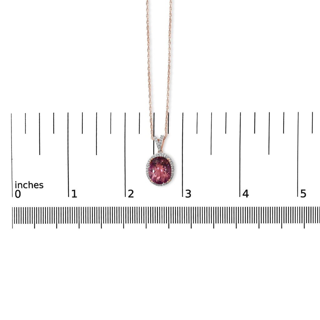 14K Rose Gold Vermeil Sterling Silver 1/5 Cttw Diamond Pink Quartz Oval Pendant Necklace