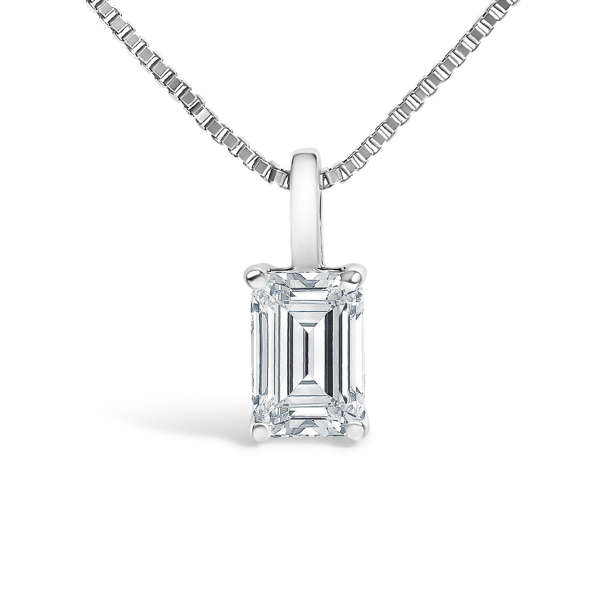 14K White Gold 3/4 Cttw Lab Grown Emerald Cut Solitaire Diamond Pendant Necklace