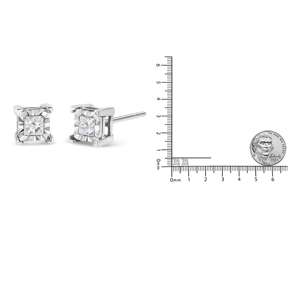 .925 Sterling Silver Miracle Set Princess-cut Diamond Solitaire Stud Earrings