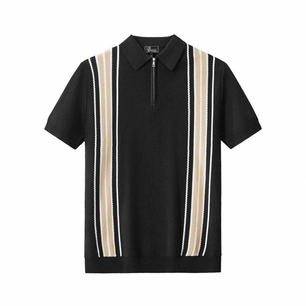 Retro Stripe Zip Knit Polo BLACK/KHAKI