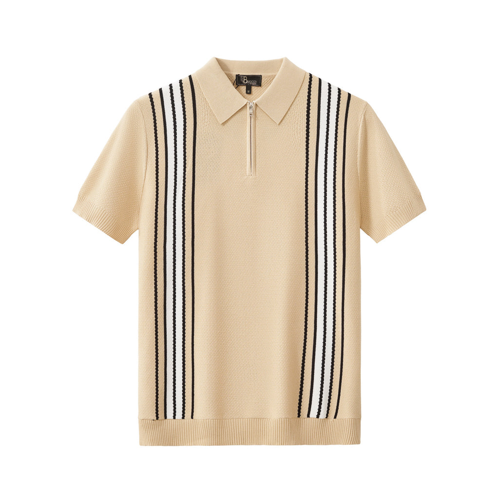 Retro Stripe Zip Knit Polo KHAKI/WHITE