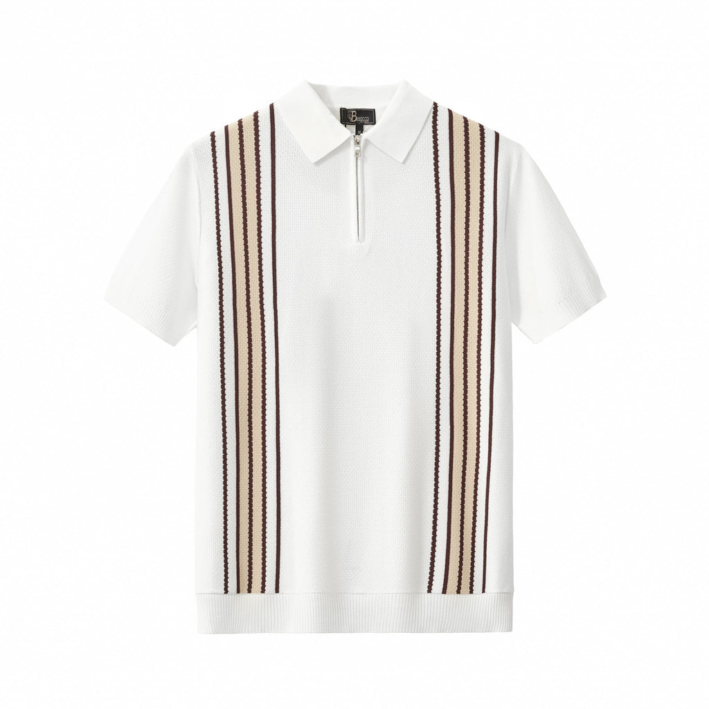 Retro Stripe Zip Knit Polo WHITE/KHAKI