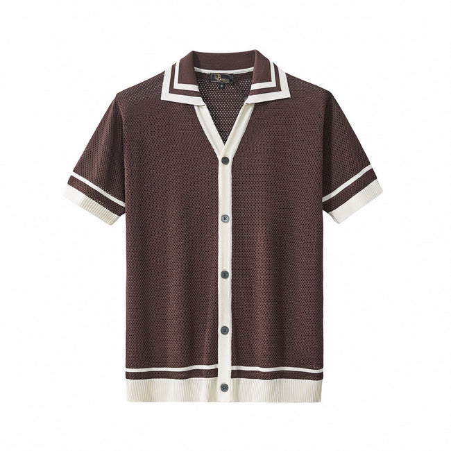 Barocco Contrast Trim Men's Mesh Knit Button-Up - Coffee