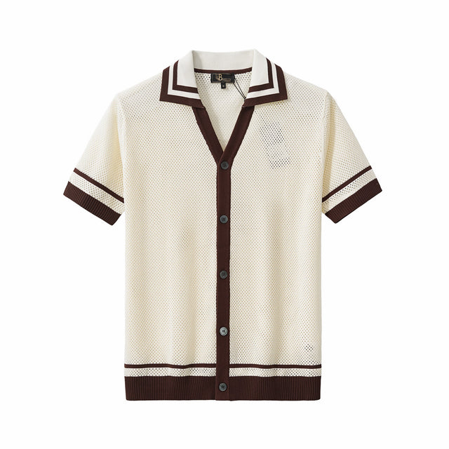 Barocco Contrast Trim Men's Mesh Knit Button-Up - Ivory
