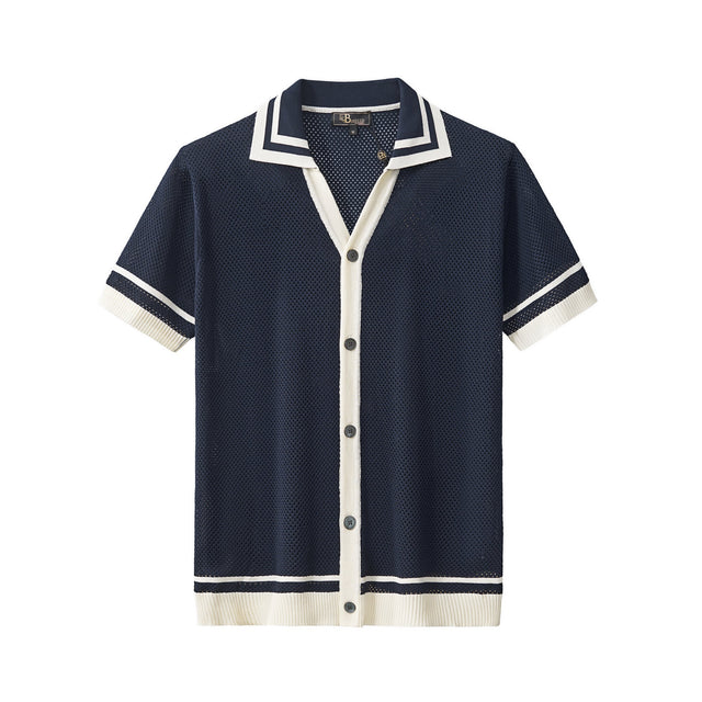 Barocco Contrast Trim Men's Mesh Knit Button-Up - Navy