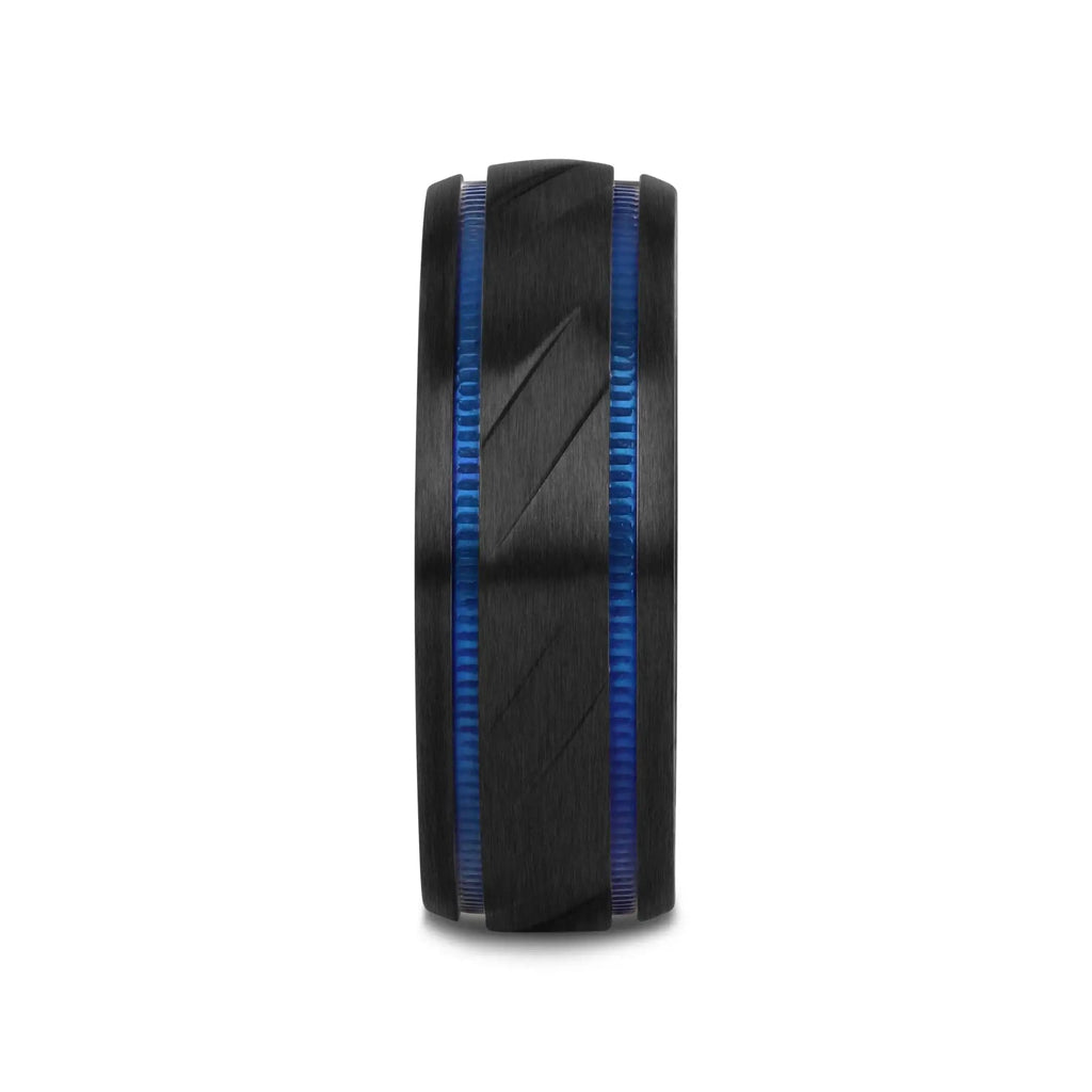 PATROL Black Titanium Carved Diagonal Pattern Brushed Finish Men’s Wedding Ring with Blue Milgrain Grooves – 8mm