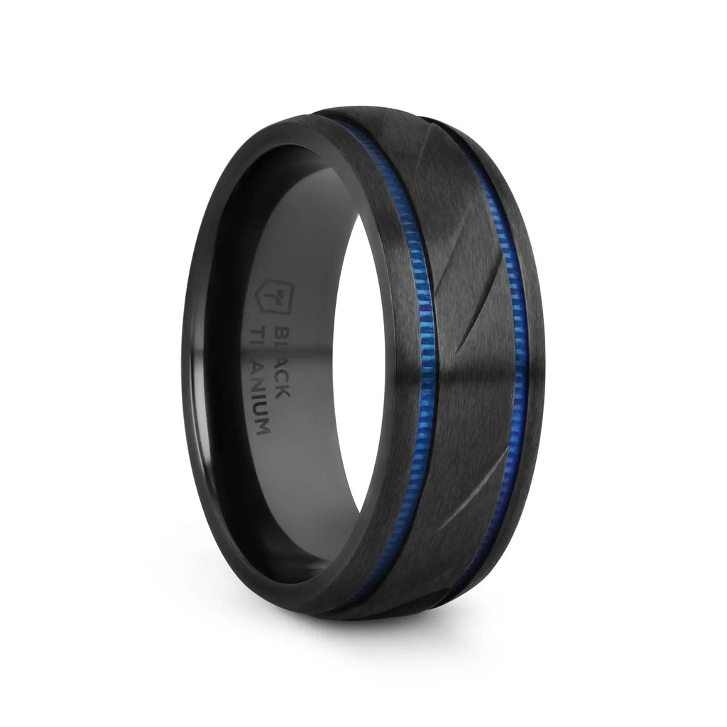 PATROL Black Titanium Carved Diagonal Pattern Brushed Finish Men’s Wedding Ring with Blue Milgrain Grooves – 8mm