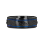PATROL Black Titanium Carved Diagonal Pattern Brushed Finish Men’s Wedding Ring with Blue Milgrain Grooves – 8mm