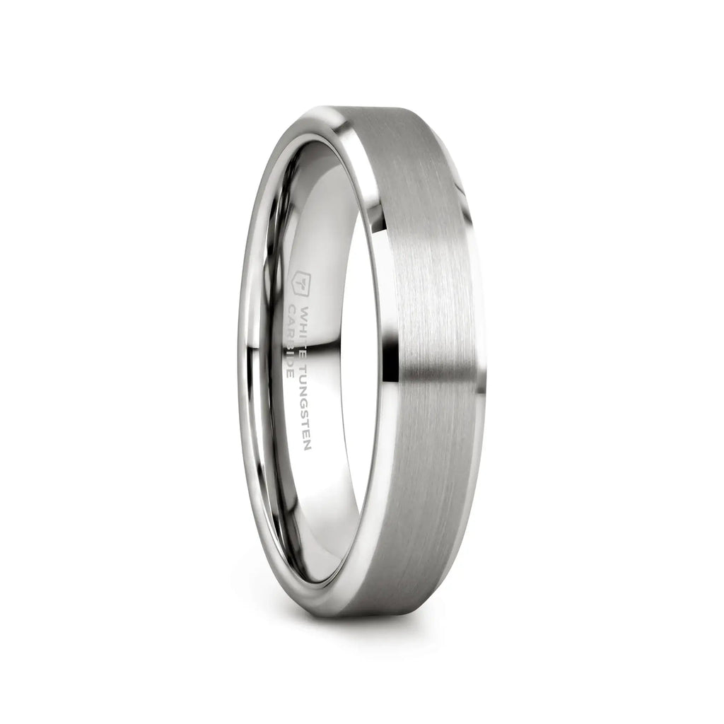 PETERSBURG Brushed Center White Tungsten Ring with Beveled Edges - 4mm - 10mm