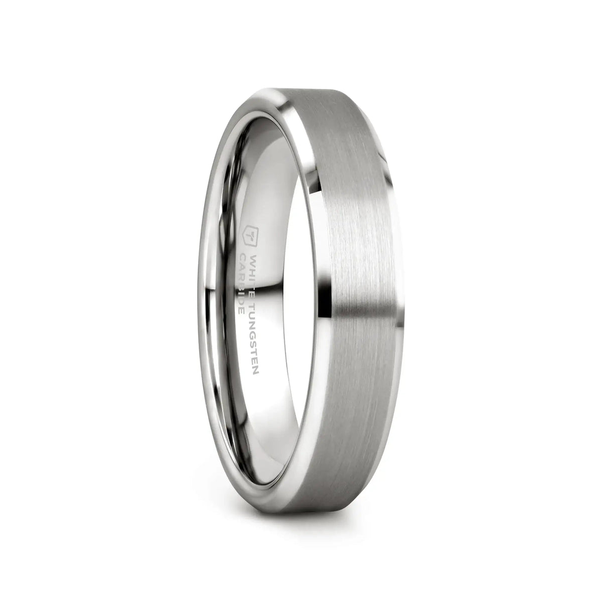 PETERSBURG Brushed Center White Tungsten Ring with Beveled Edges - 4mm - 10mm