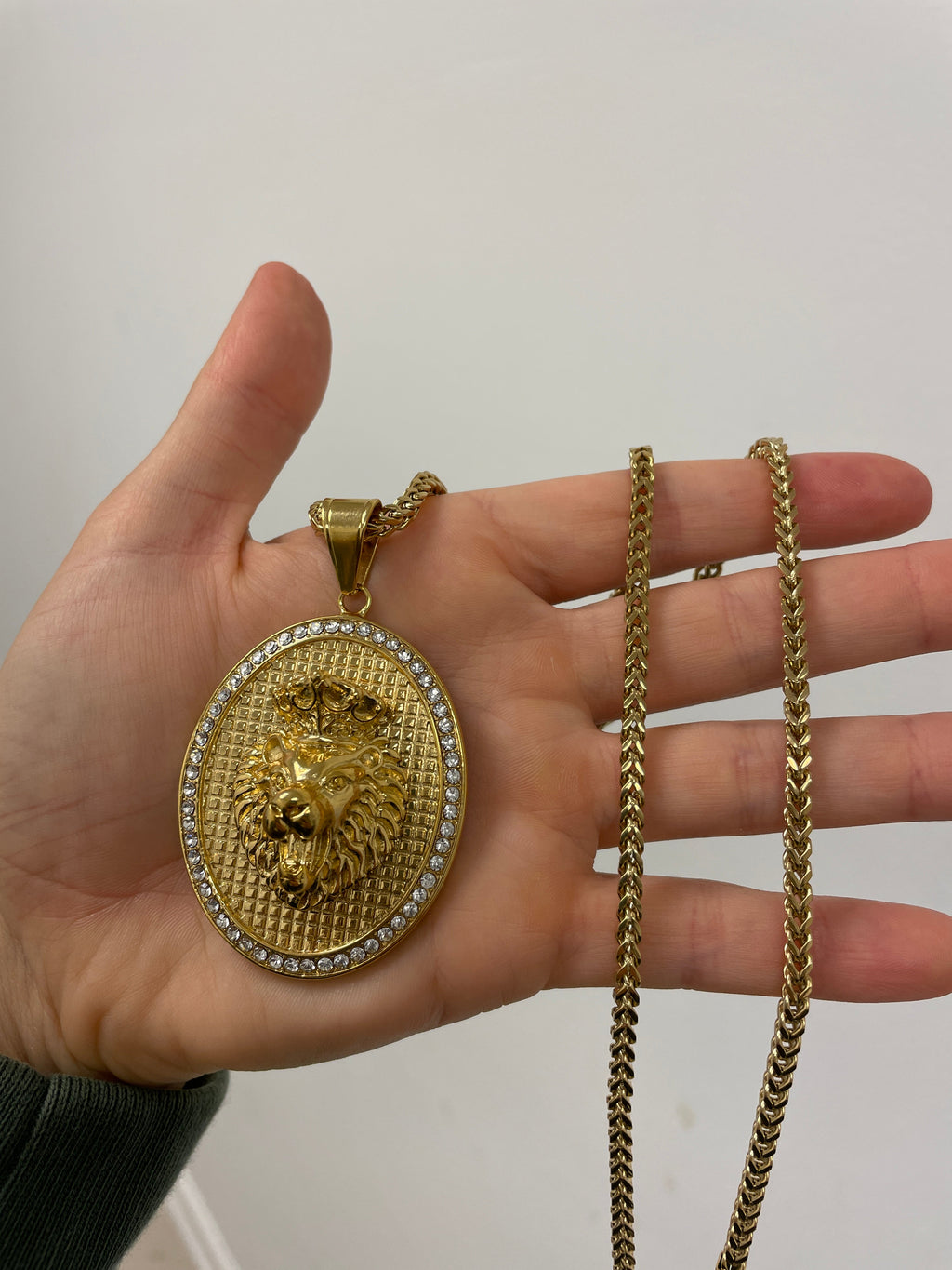 Lion Medallion Oval Pendant with 14K Gold Plated Franco Necklace 3mm 24" Set