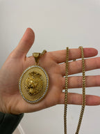 Lion Medallion Oval Pendant with 14K Gold Plated Franco Necklace 3mm 24" Set