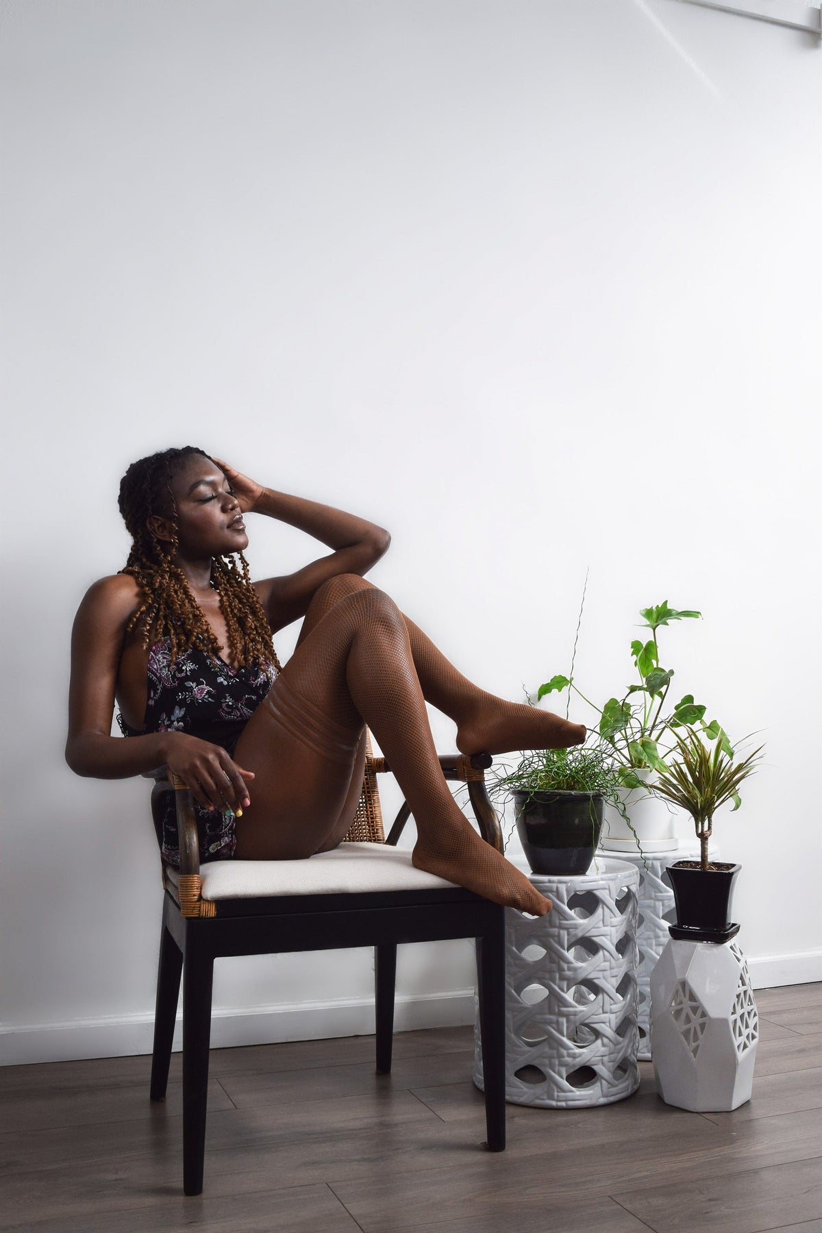 Andie: Chocolate Fishnet Thigh Highs. Petite to Plus Size