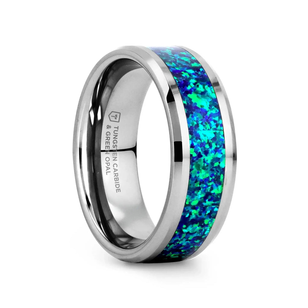 PHOTON Tungsten Beveled Wedding Band with Emerald Green & Sapphire Blue Color Opal Inlay - 6mm & 8mm