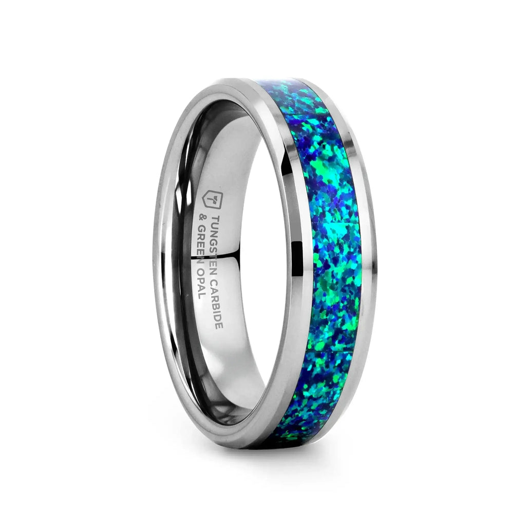 PHOTON Tungsten Beveled Wedding Band with Emerald Green & Sapphire Blue Color Opal Inlay - 6mm & 8mm