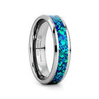 PHOTON Tungsten Beveled Wedding Band with Emerald Green & Sapphire Blue Color Opal Inlay - 6mm & 8mm