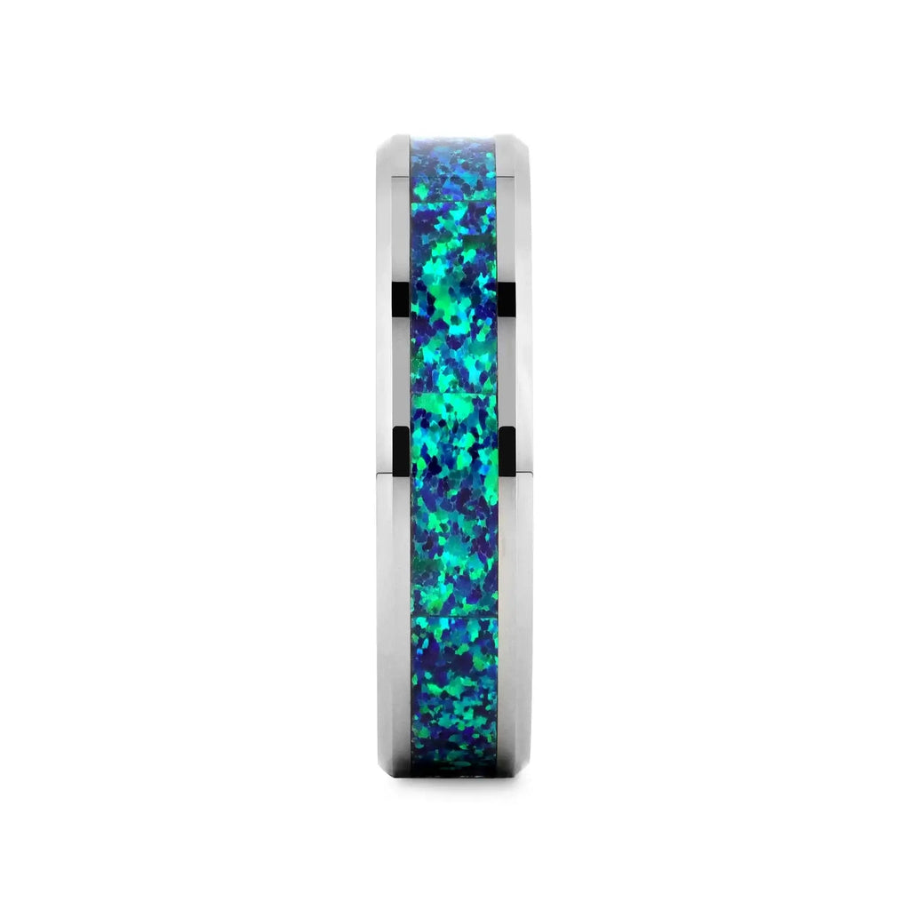 PHOTON Tungsten Beveled Wedding Band with Emerald Green & Sapphire Blue Color Opal Inlay - 6mm & 8mm