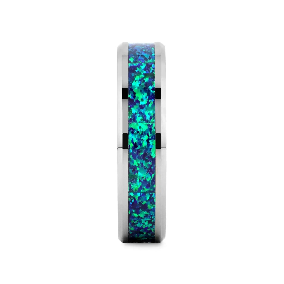 PHOTON Tungsten Beveled Wedding Band with Emerald Green & Sapphire Blue Color Opal Inlay - 6mm & 8mm