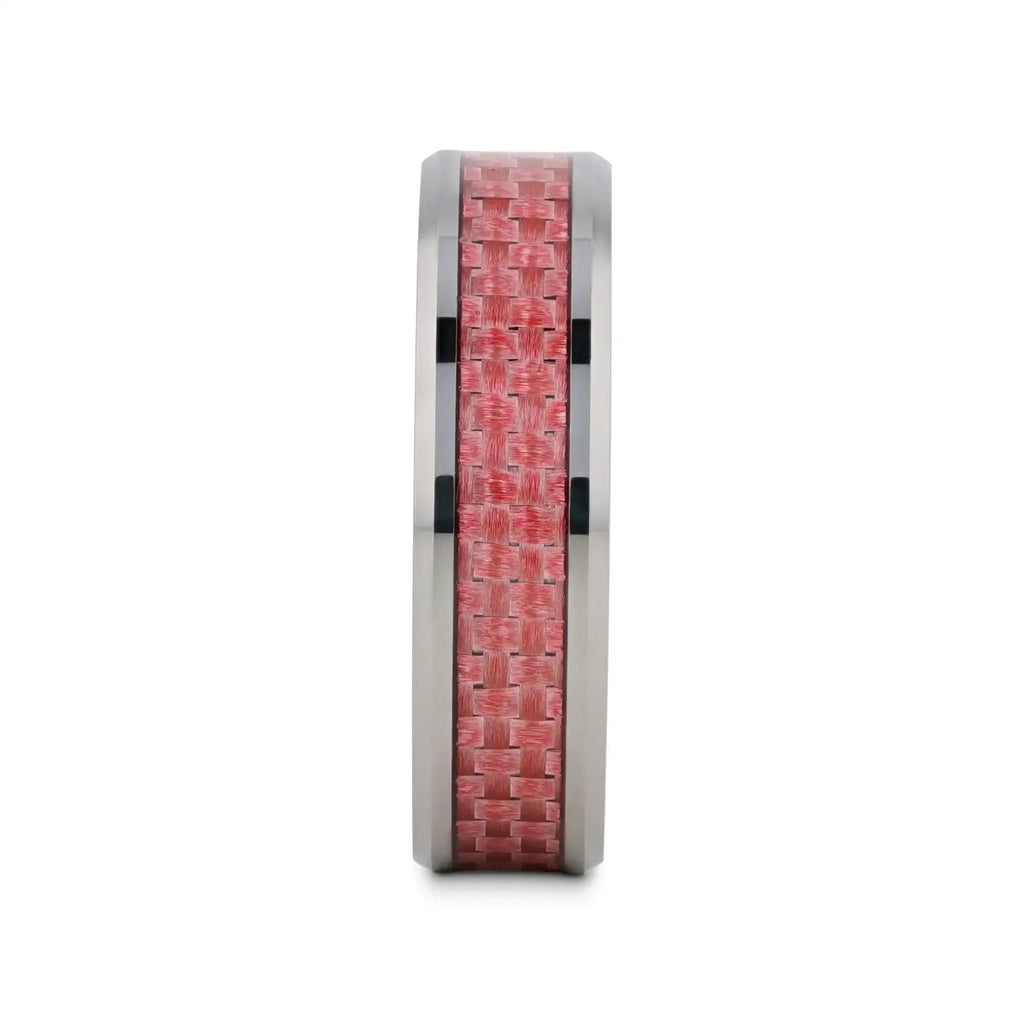 PINK Beveled Tungsten Wedding Band with Pink Carbon Fiber -4mm & 6mm
