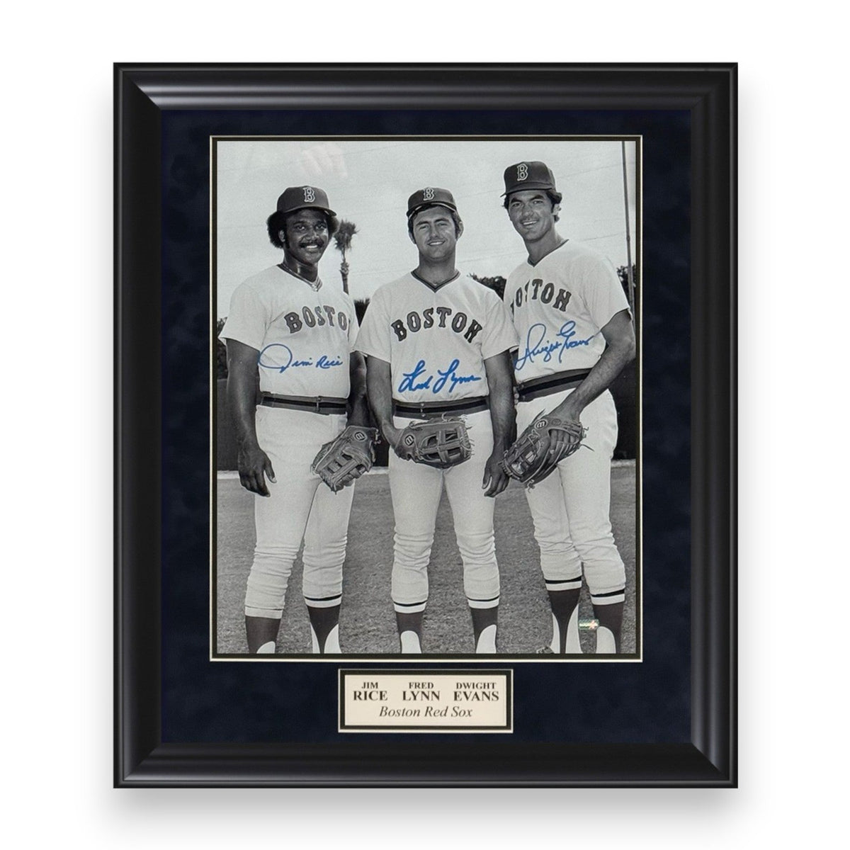 Fred Lynn, Jim Rice & Dwight Evans Boston Red Sox Autographed 16x20 Photo Framed to 23x27 NEP