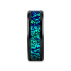 PULSAR Black Ceramic Wedding Band with Beveled Edges and Emerald Green & Sapphire Blue Color Opal Inlay - 6mm or 8 mm