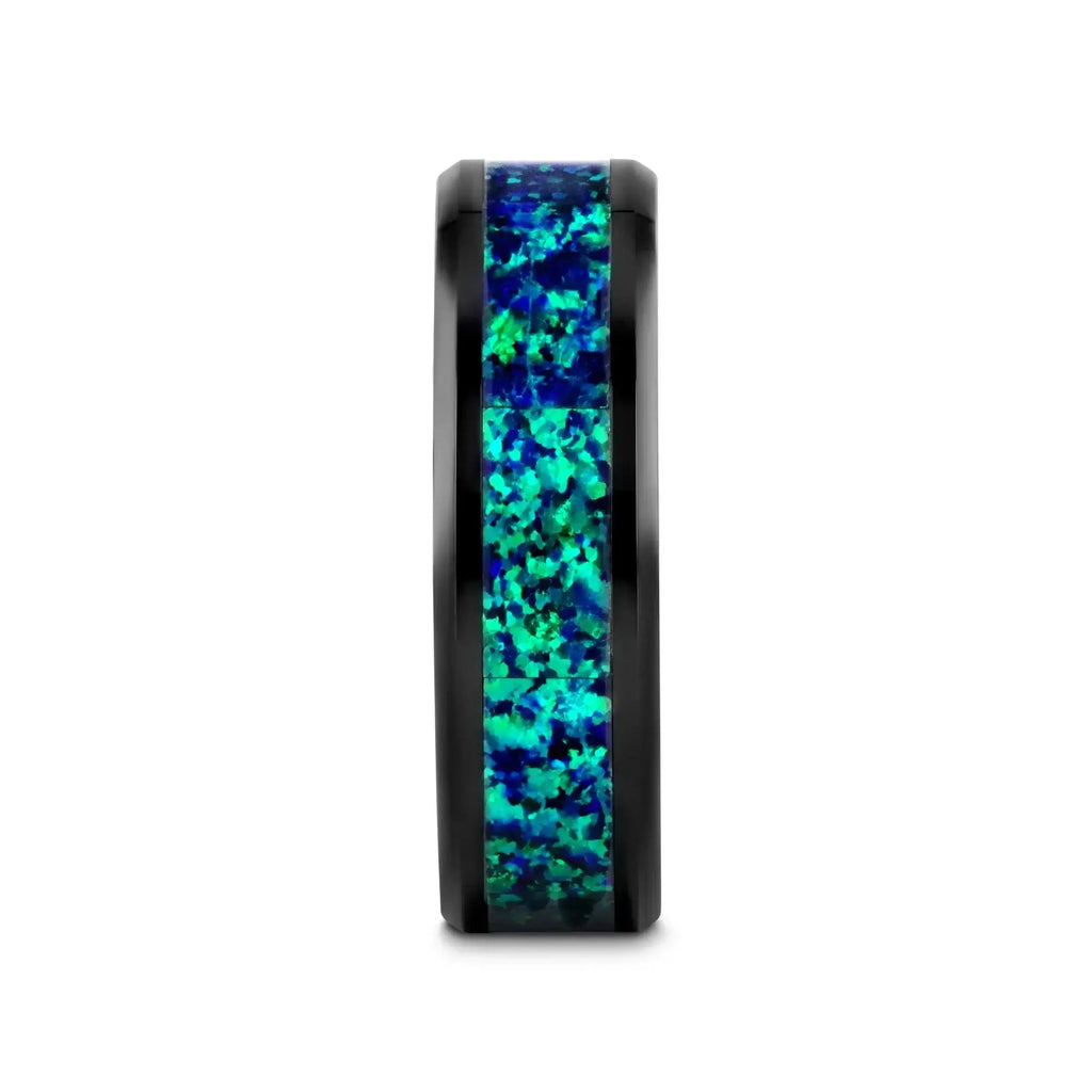 PULSAR Black Ceramic Wedding Band with Beveled Edges and Emerald Green & Sapphire Blue Color Opal Inlay - 6mm or 8 mm