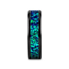 PULSAR Black Ceramic Wedding Band with Beveled Edges and Emerald Green & Sapphire Blue Color Opal Inlay - 6mm or 8 mm